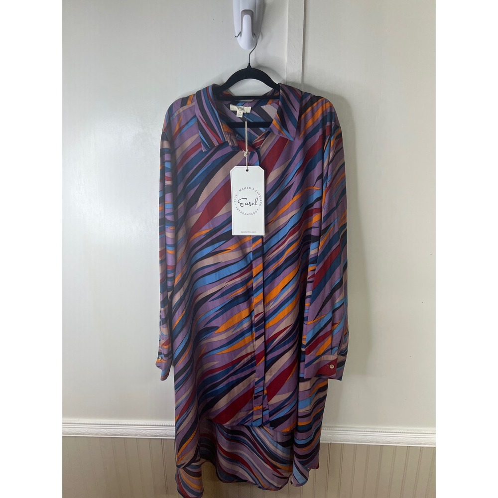 Easel Womens 1X Abstract‎ Stripe High Low Button Down Tunic Shirtdress NWT